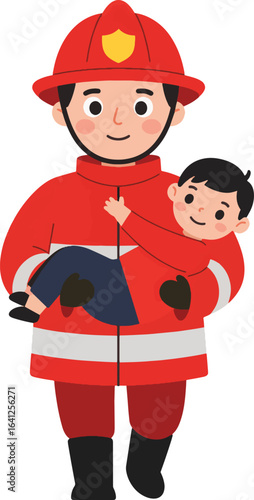Firefighter Holding Rescued Child Vector Flat