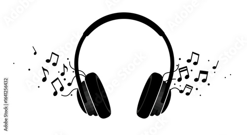 Black Over-Ear Headphones with Musical Notes Illustration