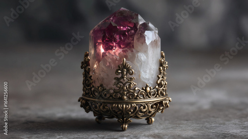 Quartz crystal with magenta core in ornate golden filigree cage, fantasy relic art