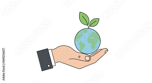 Minimalist Vector Illustration of Hand Holding Earth with Sprout