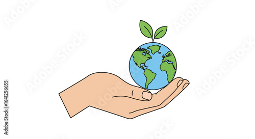 Minimalist Vector Illustration of Hand Holding Earth with Sprout