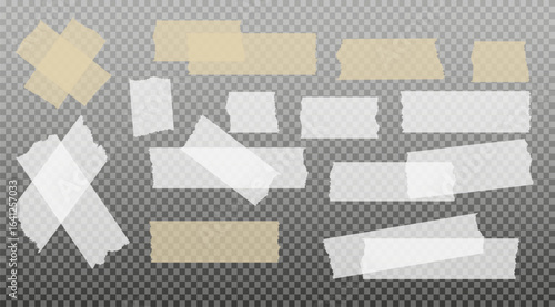 Scotch tape. Sticky paper tape. Adhesive Transparent sticky stripe. Sticker for collage, fixing photo notes. Vector