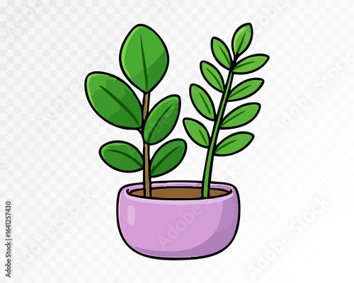 Large green leaves in a purple pot, vector illustration, watercolor — Bring tropical elegance to botanical artworks and home decor.