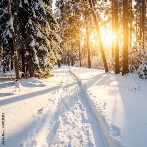 제목: Balanced Warmth of a Winter Evening

설명: A harmonious square image showcasing the beautiful balance of soft light and peaceful shadows on a winter forest path.