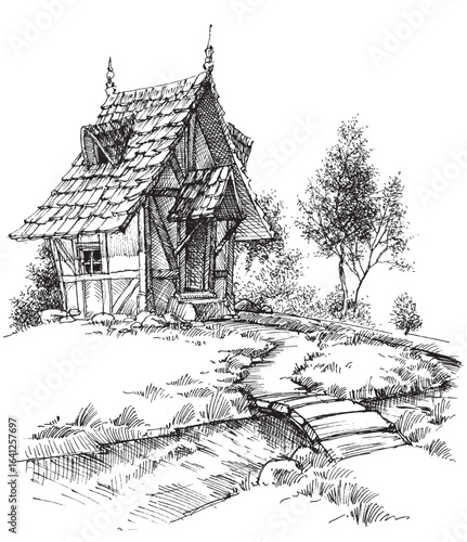 Small old wooden cabin exterior hand drawing