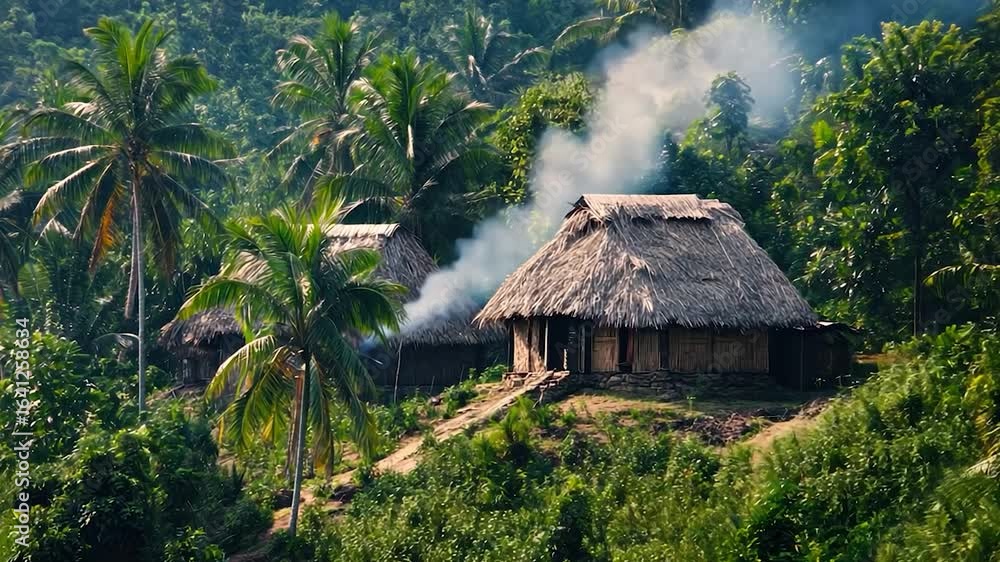 Thatched-roof huts nestled in a lush tropical forest Thatched-roof huts nestled in a lush tropical forest