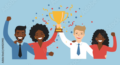 Four people celebrating with a trophy amidst confetti