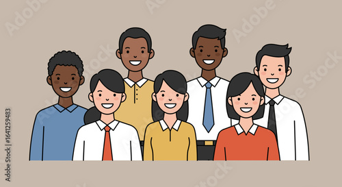 A diverse group of seven cartoon people standing together