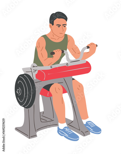 Flat style vector of a man exercising biceps on weight machine in gym. Arm workout, bodybuilding, fitness training, isolated white background illustration