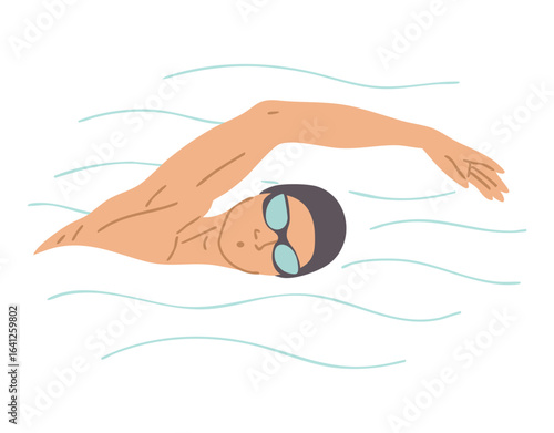 Flat style vector illustration of a male swimmer in goggles and swim cap performing front crawl stroke in water. Swimming sport, fitness training. Isolated on white background