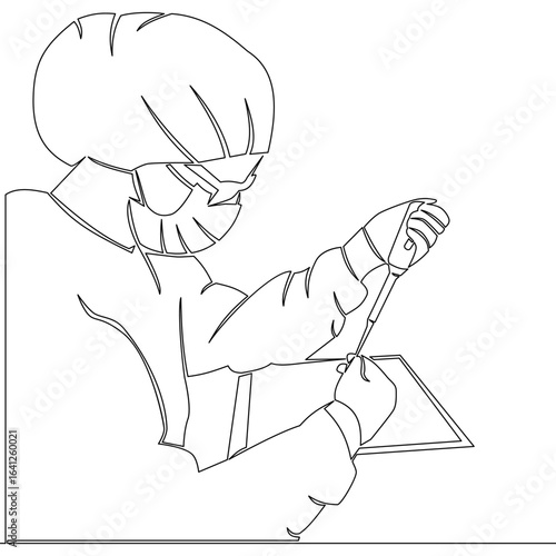 Continuous one single line drawing Laboratory worker in protective coat and mask conducting research icon vector illustration concept