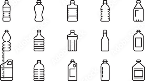 A stylish grid of minimalist bottle icons, ideal for beverage, packaging, and liquid container-related illustrations.