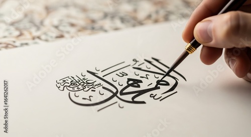 Muhammad Sallallahu Alayhi Wa Sallam. Close up of a male calligrapher's hand writing traditional Islamic art with a fine brush on paper.