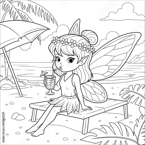 Cartoon fairy wearing a flower crown sitting on a bench by the beach drinking a cocktail with ocean waves and palm trees in the background