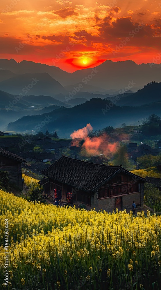 Fototapeta premium A small village in the mountains , with yellow rapeseed flowers blooming 