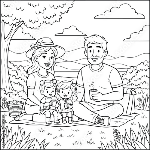 Family having a picnic on a blanket in a scenic outdoor park with mountains and trees enjoying drinks in a cute cartoon style illustration