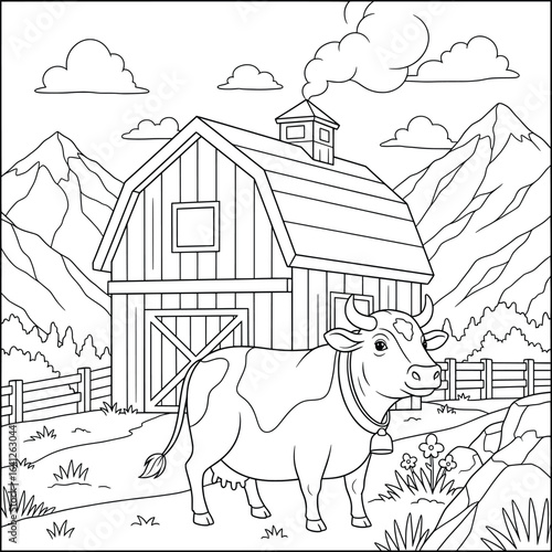 Cartoon style cow standing in front of a barn with mountains and fence in the background for a farm-themed coloring page