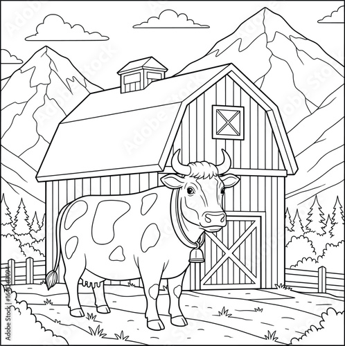 Cartoon style cow with a bell standing in front of a barn and tall mountains in a rural farm landscape for coloring book page