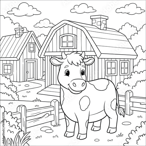 Cartoon style cow standing in front of a barn and wooden fence in a peaceful countryside farm scene for coloring book page