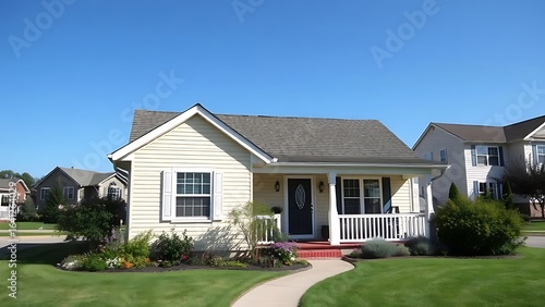 Charming single-story house with a garden, set against a clear blue sky in a suburban neighborhood.