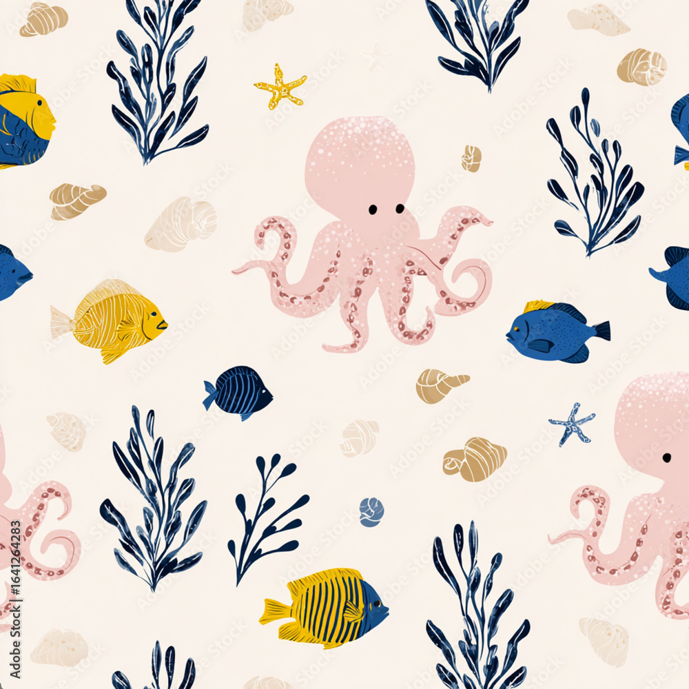 Obraz premium Watercolor seamless pattern with underwater world oceanocean, nature, sea, pattern, underwater