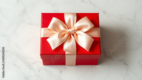 A sleek red gift box adorned with a satin ribbon bow, elegantly placed on a marble surface.