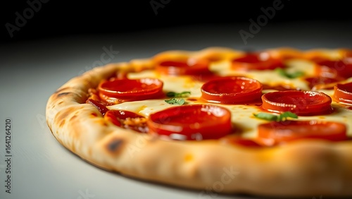 A mouthwatering pepperoni pizza with melted cheese, captured in warm golden tones.