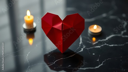 Red heart-shaped origami on black marble, reflecting warm candlelight in a minimalist setting.