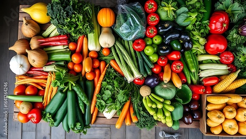 Vibrant assortment of fresh vegetables displayed on a wooden market stand, seen from an overhead view.