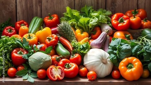 Colorful assortment of fresh vegetables arranged on a rustic wooden counter, bathed in natural sunlight with rich textures.