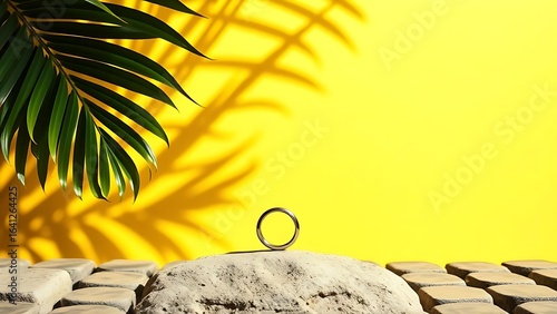 Abstract summer background with tropical leaf shadows and a silver ring elegantly placed.