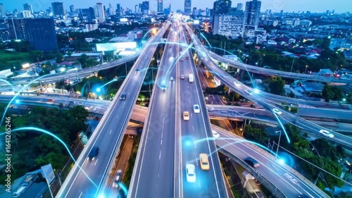 Aerial view of a futuristic highway interchange showcasing smart city infrastructure