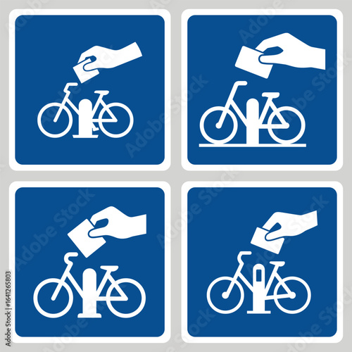Four blue square signs with white icons of a bicycle and a hand inserting a card bicycle parking