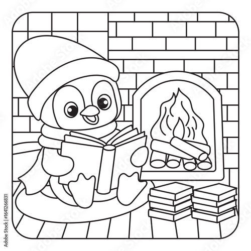 Penguin Reading by the Fireplace Coloring Page