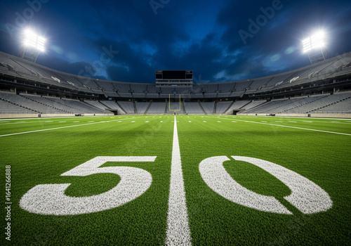 American football stadium with fifty yard line and empty seats