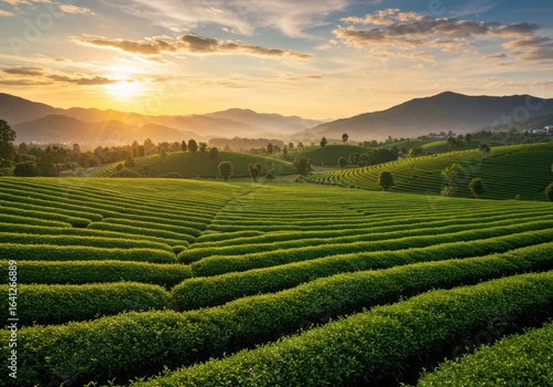 Vast green tea plantation bathed in the golden light of a rising sun