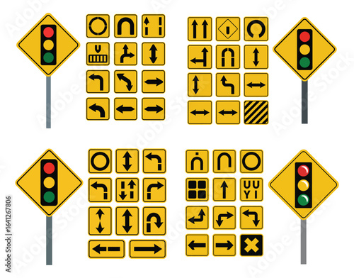Traffic signals and various directional arrow signs on yellow backgrounds traffic light stoplight
