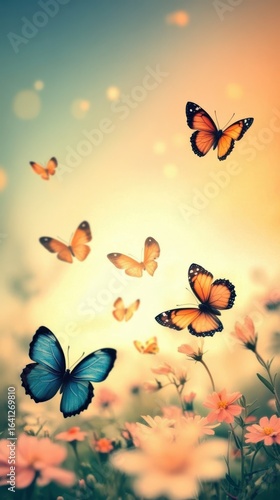 Wallpaper Mural Colorful Butterflies Flying Over Blossoming Flowers in a Soft Sunlit Background Torontodigital.ca