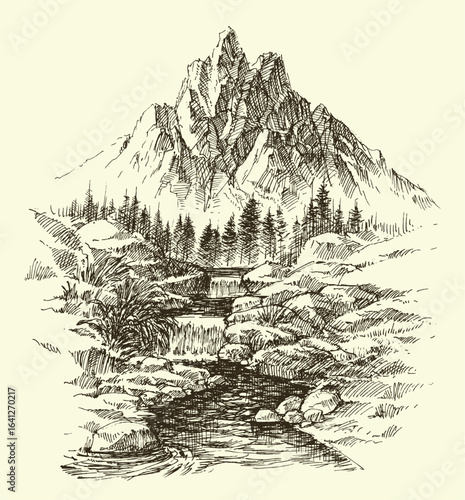 Mountain river and waterfall hand drawing