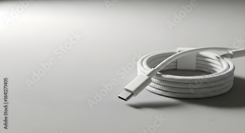 White braided USB C cable coiled neatly on a light gray surface with soft lighting