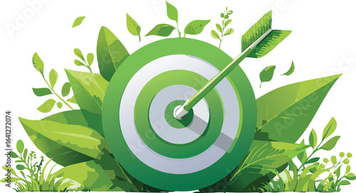 Dart hitting target. Carbon emission reduction target, Green economy and sustainability Net Zero future. Sustainable development, Energy goals. CO2 emission graph, Goals sustainable planet.