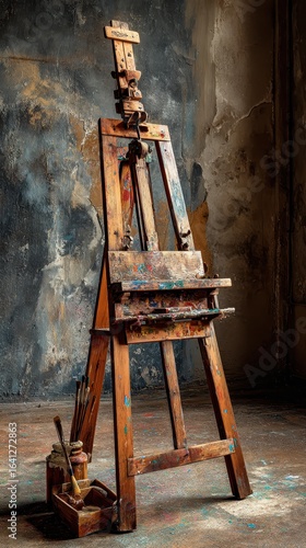 Rustic wooden easel in abandoned studio, paint splatters