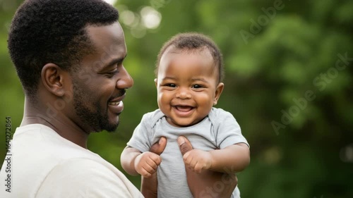 Happy black father holding smiling baby outdoors in green park  