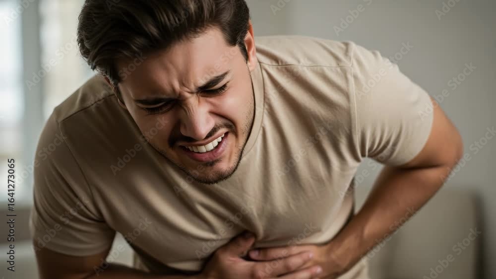 Young man experiencing chest pain while sitting indoors Young man experiencing chest pain while sitting indoors