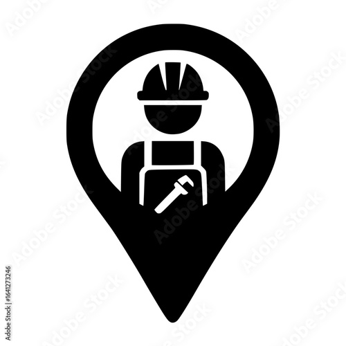 Black silhouette icon of worker in hard hat with wrench inside map pin marker isolated on white
