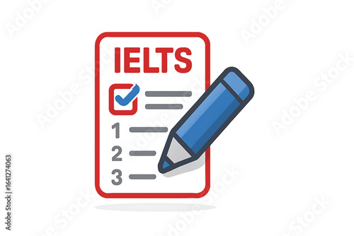 IELTS linguistic english test form logo. Checklist check mark pencil icon.