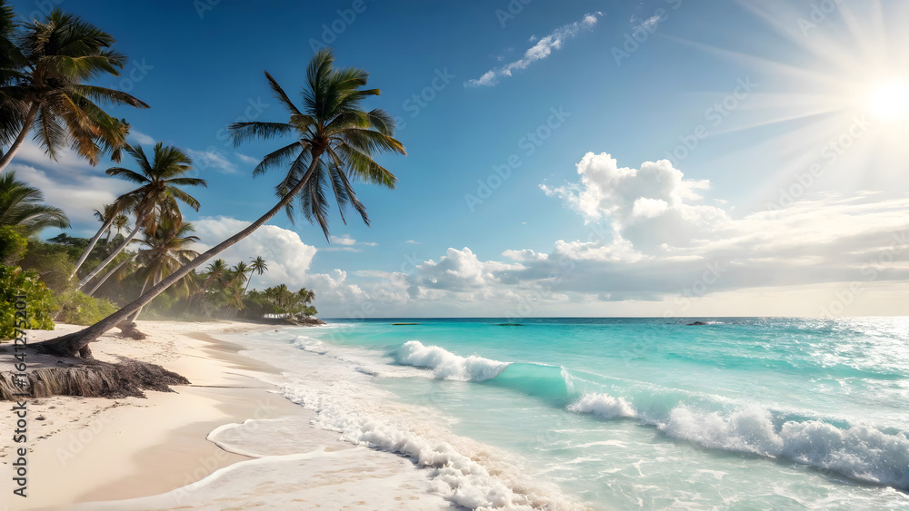 custom made wallpaper toronto digitalA picturesque tropical beach with white sand, turquoise ocean, swaying palm trees, and a bright sunny sky, perfect for a serene vacation.