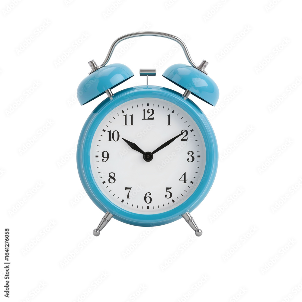 Sky blue analog alarm clock displaying timeliness on a transparent backdrop in studio setup Sky blue analog alarm clock displaying timeliness on a transparent backdrop in studio setup