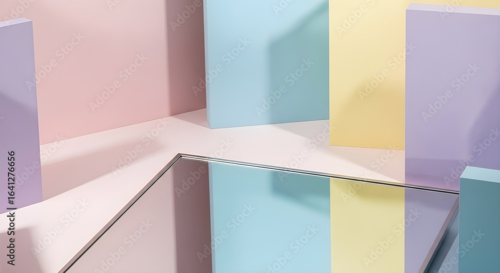 Fototapeta premium Geometric shapes in pastel colors with reflections on a mirrored surface