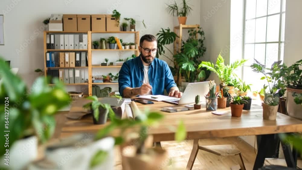 Man Working From Home In His Bright And Green Office, Surrounded By Many Plants, Concentrating on Man Working From Home In His Bright And Green Office, Surrounded By Many Plants, Concentrating on